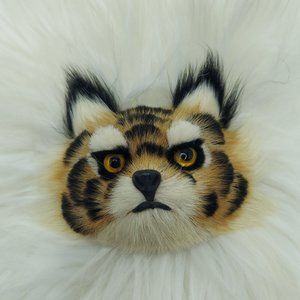 VINTAGE 1980'S LARGE FAUX FUR GRUMPY TIGER HEAD PIN BROOCH